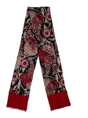 Tory Burch Black, Red and Cream Floral Jacquard Scarf with Red Fringe